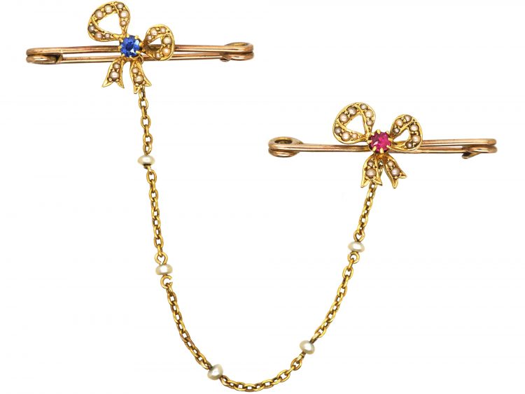 Edwardian Pair of 15ct Gold Bow Brooches set with a Sapphire & a Ruby & Natural Split Pearls in Original Case