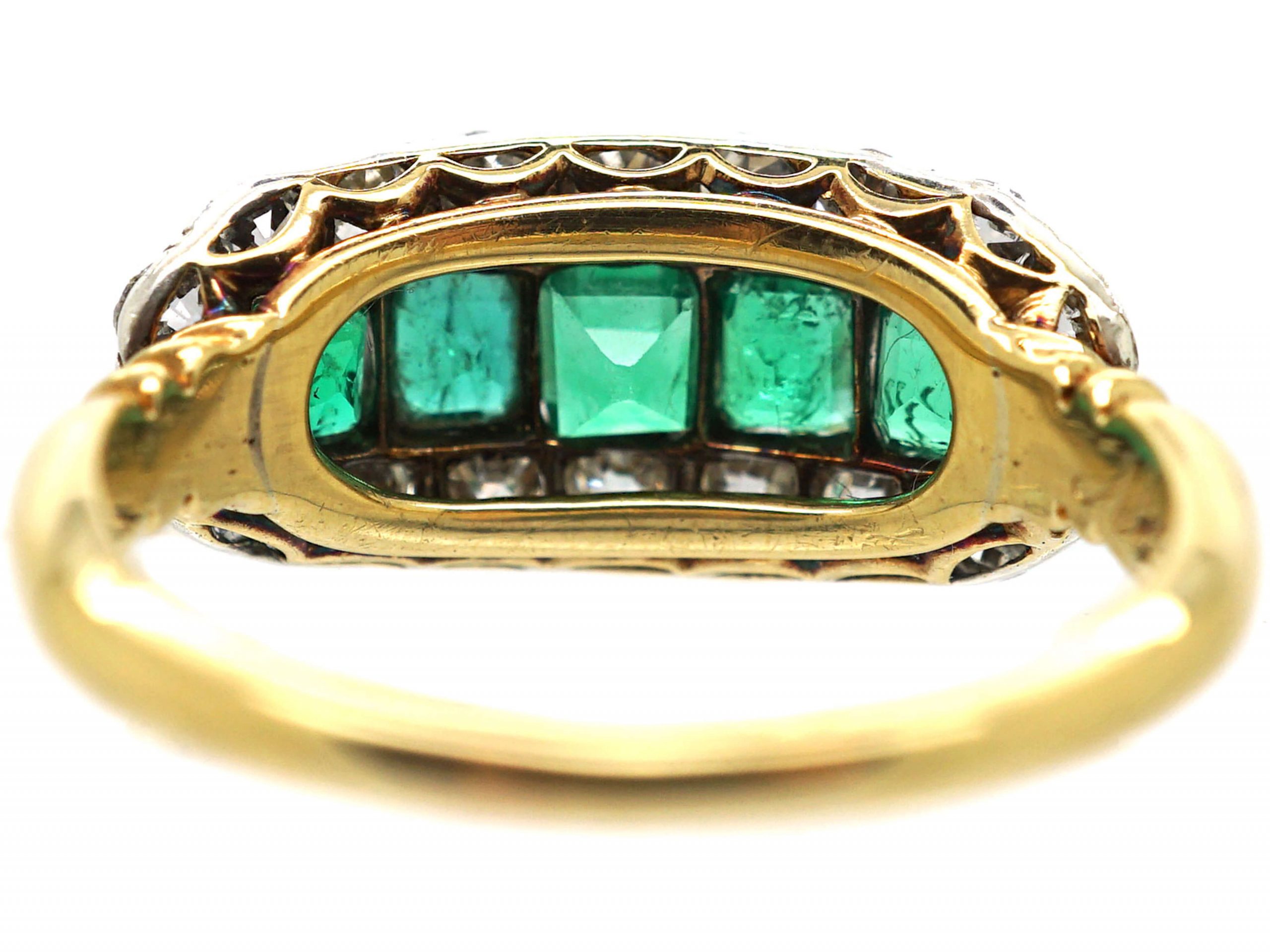 Edwardian 18ct Gold, Five Stone Emerald & Diamond Boat Shaped Ring