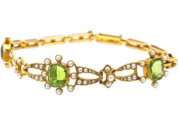 Edwardian 15ct Gold, Peridot & Natural Split Pearls Bracelet
