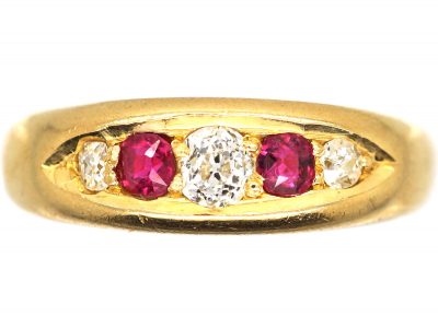 Victorian 18ct Gold, Five Stone Ruby & Diamond Boat Shaped Ring