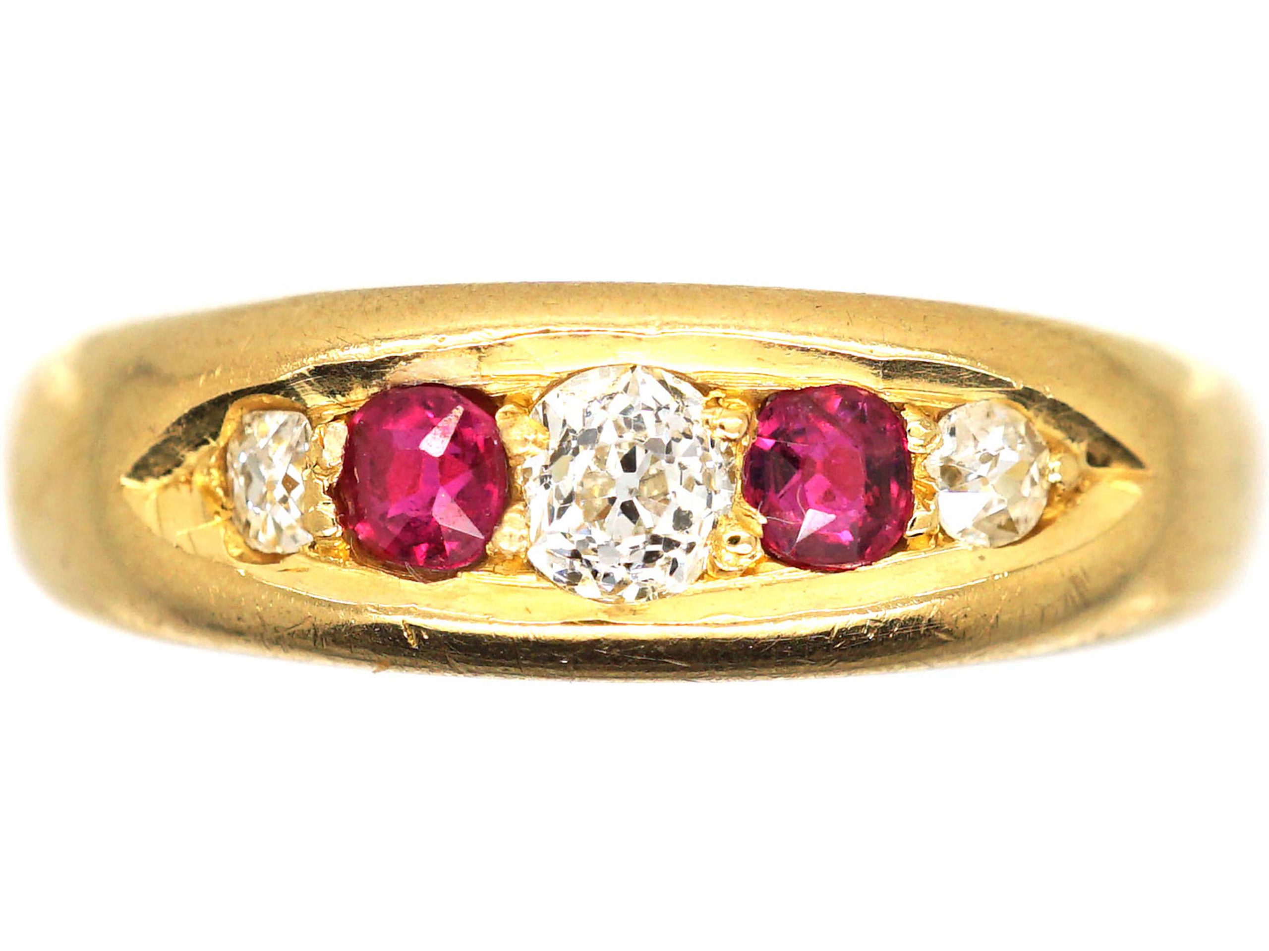 Victorian 18ct Gold, Five Stone Ruby & Diamond Boat Shaped Ring 