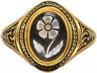 Georgian 18ct Gold, Carved Onyx Forget me Not Black Enamel Mourning Ring