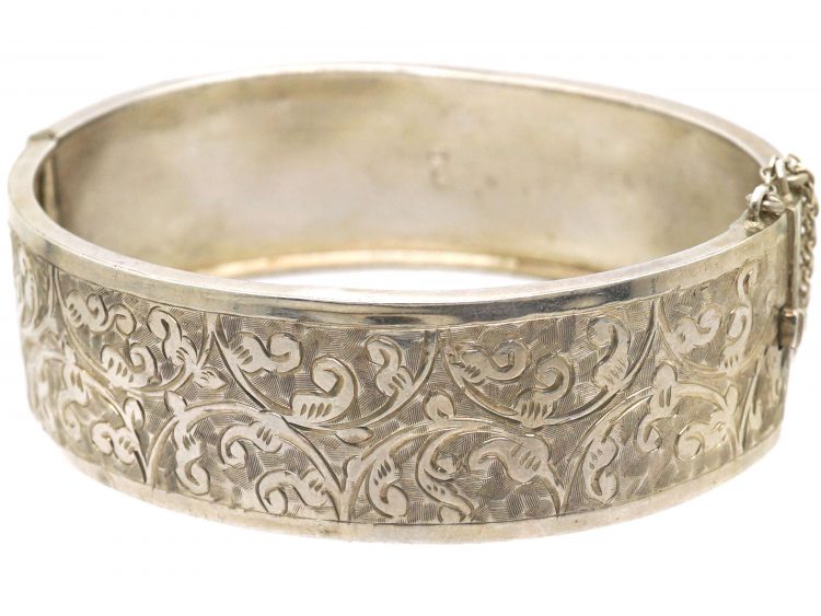 Victorian Silver Bangle with Engraved Scroll Detail