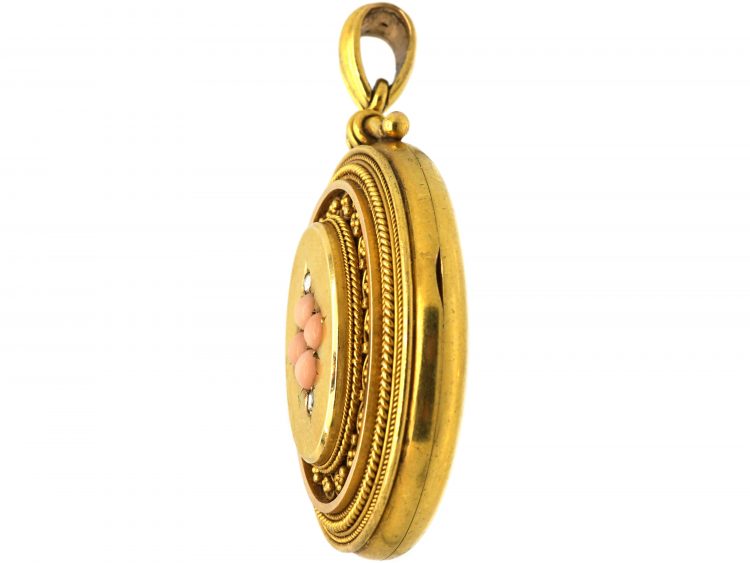 Victorian 18ct Gold Oval Shaped Locket set with Coral & Rose Diamonds