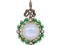 Edwardian Rose Diamond & Chalcedony Pendant with Enamelled Laurel Leaves & Bow Top