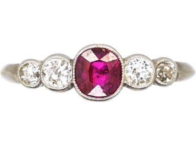 Art Deco 18ct White Gold & Platinum, Ruby & Diamond Five Stone Ring