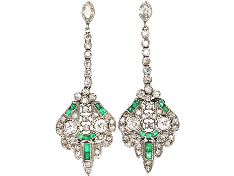 Art Deco Platinum Emerald & Diamond Drop Earrings