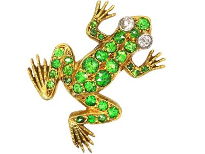 French Belle Epoque 18ct Gold, Small Green Garnet & Diamond Frog Brooch