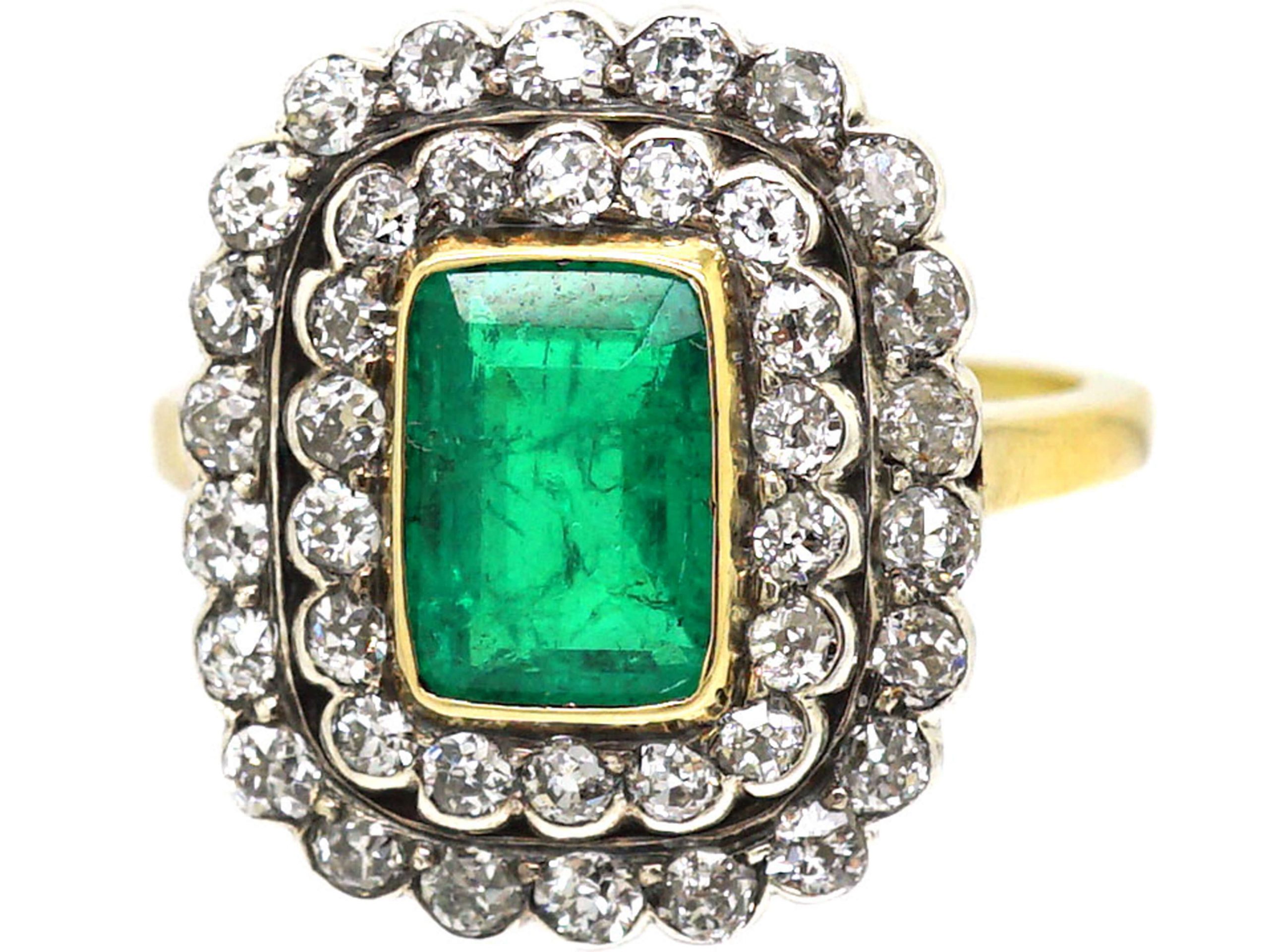 Art Deco 18ct White  Yellow Gold Large Colombian Emerald  Diamond Cluster  Ring (558S) The Antique Jewellery Company