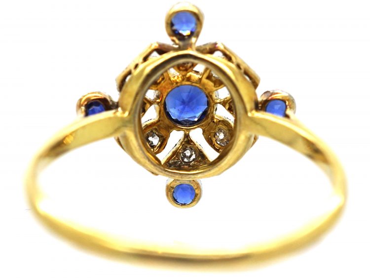 Edwardian 18ct Gold & Platinum, Sapphire & Diamond Ring with Diamond Shaped Design
