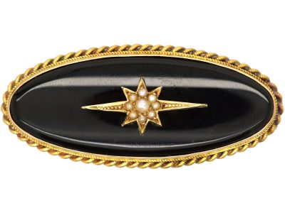Victorian 18ct & Onyx Oval Brooch with a Star set with Natural Split Pearls