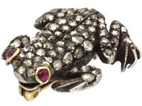 Edwardian 18ct Gold & Silver Frog Brooch set with Rose Diamonds & Cabochon Rubies