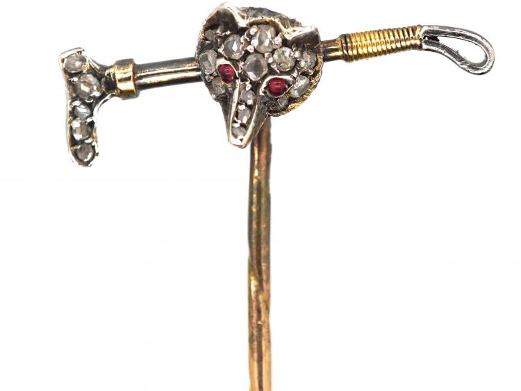 Edwardian 15ct Gold & Silver Fox & Whip Tie Pin set with Rose Diamonds
