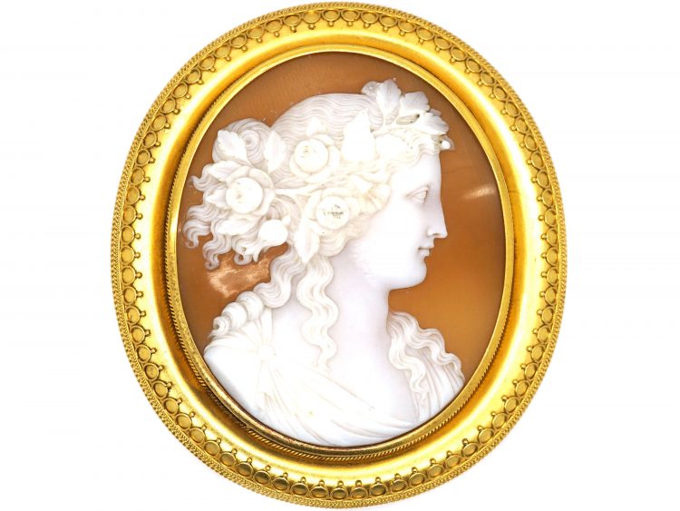 Victorian 15ct Gold Shell Cameo of a Classical Lady Carved by Pio Siotto