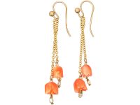 9ct Gold, Coral & Seed Pearl Flower Drop Earrings