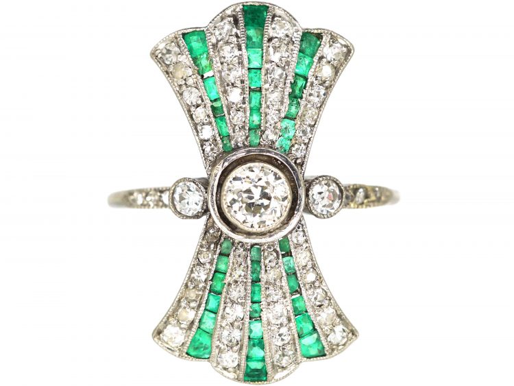 Art Deco Platinum Fan Ring set with Calibrè Cut Emeralds & Diamonds