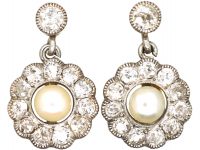 Edwardian 18ct Gold & Platinum, Natural Bouton Pearl & Diamond Cluster Drop Earrings