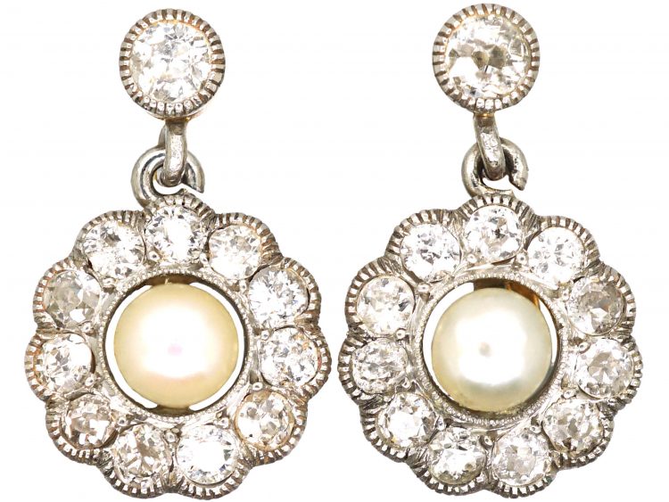 Edwardian 18ct Gold & Platinum, Natural Bouton Pearl & Diamond Cluster Drop Earrings