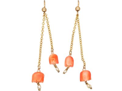 9ct Gold, Coral & Seed Pearl Flower Drop Earrings