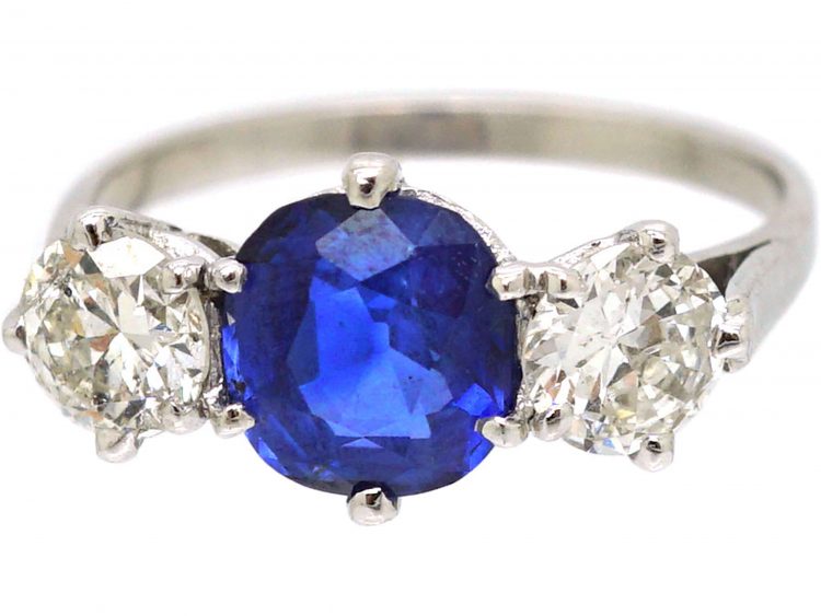 18ct White Gold, Unheated Sapphire & Diamond Three Stone Ring