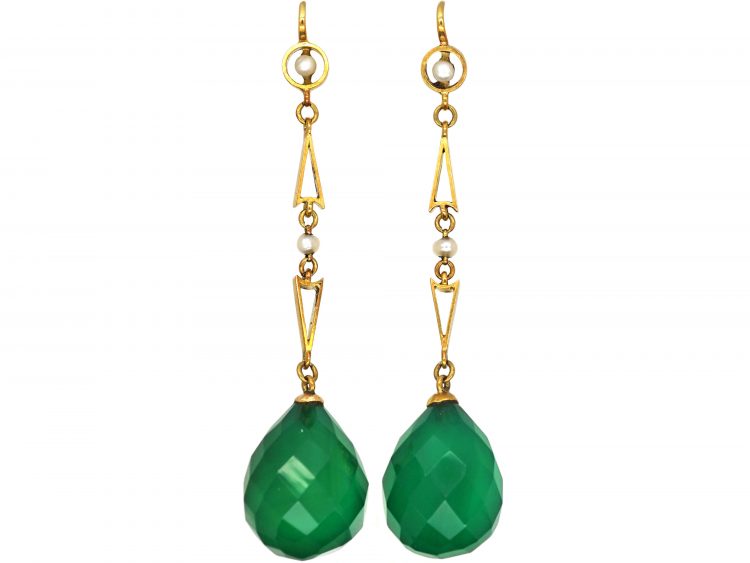 Art Deco 15ct Gold, Natural Pearl & Faceted Green Chalcedony Earrings in original Case