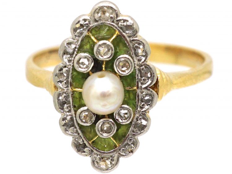Early 20th Century 18ct Gold & Platinum, Plique A Jour, Diamond & Natural Split Pearl Ring