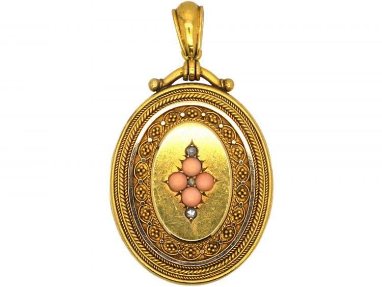 Victorian 18ct Gold Oval Shaped Locket set with Coral & Rose Diamonds