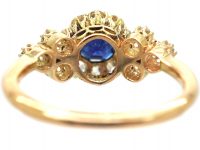 Early 20th Century 18ct Gold, Sapphire & Diamond Cluster Ring with Three Stone Diamond Shoulders