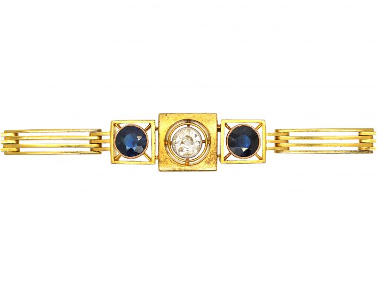 Art Deco Russian 14ct Gold Bracelet set with Two Sapphires & a Diamond