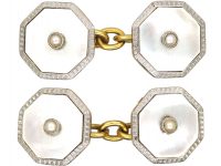 Art Deco 18ct Gold & Platinum, Mother of Pearl Cufflinks set with a Pearl in Each One