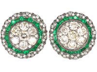 Large 18ct White Gold Target Cluster Earrings set with Emeralds & Diamonds
