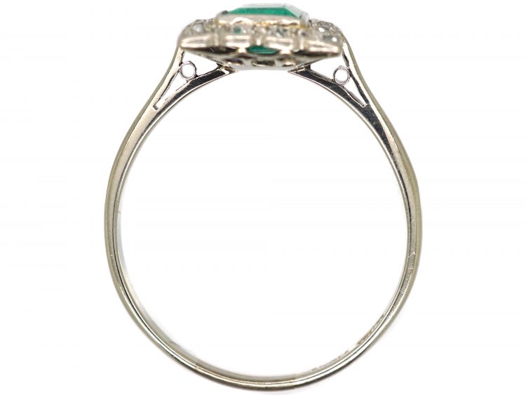 Art Deco 18ct White Gold & Platinum, Emerald & Diamond Rectangular Shaped Ring