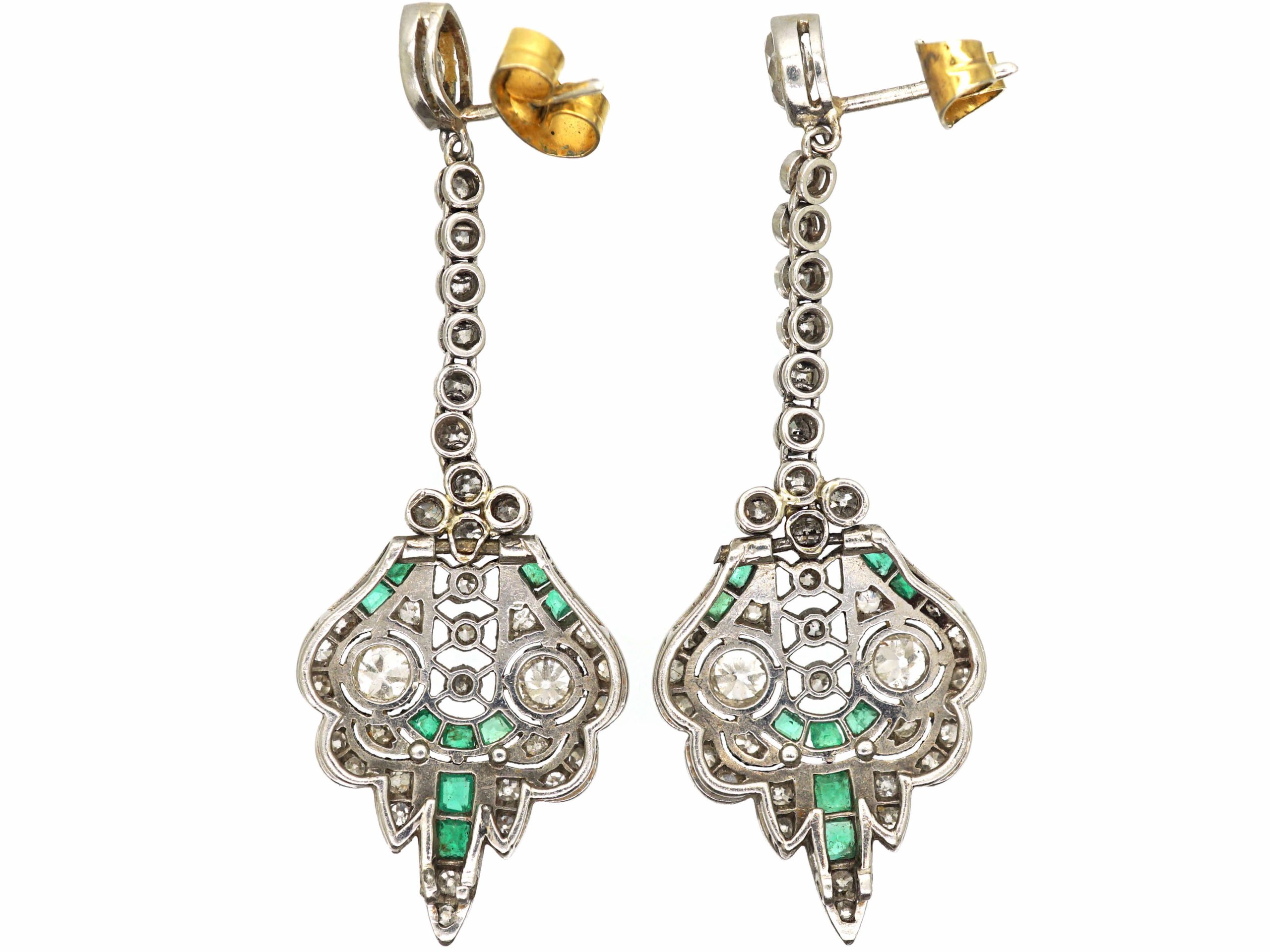 Art Deco Platinum Emerald & Diamond Drop Earrings (501S) The Antique