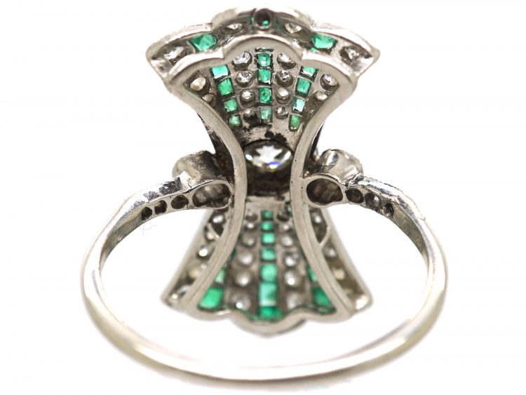 Art Deco Platinum Fan Ring set with Calibrè Cut Emeralds & Diamonds