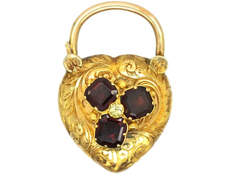 Regency 15ct Gold Heart Shaped Padlock set with Garnets & Chrysolite