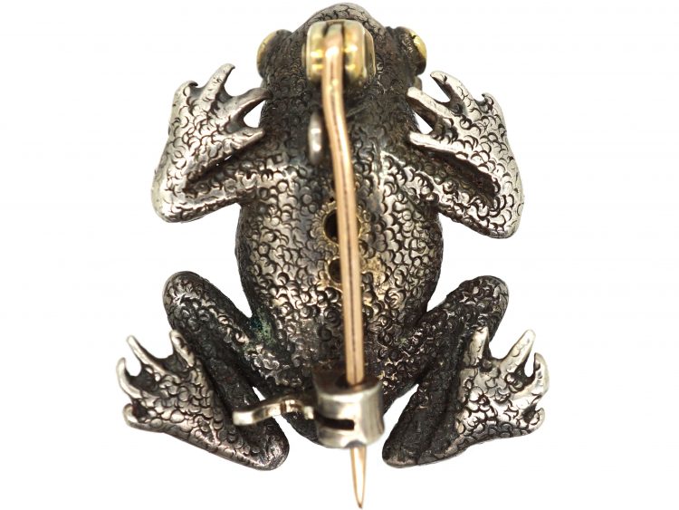 Edwardian 18ct Gold & Silver Frog Brooch set with Rose Diamonds & Cabochon Rubies