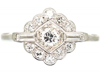 Art Deco Platinum & Diamond Cluster Ring with Baguette Diamond Detail