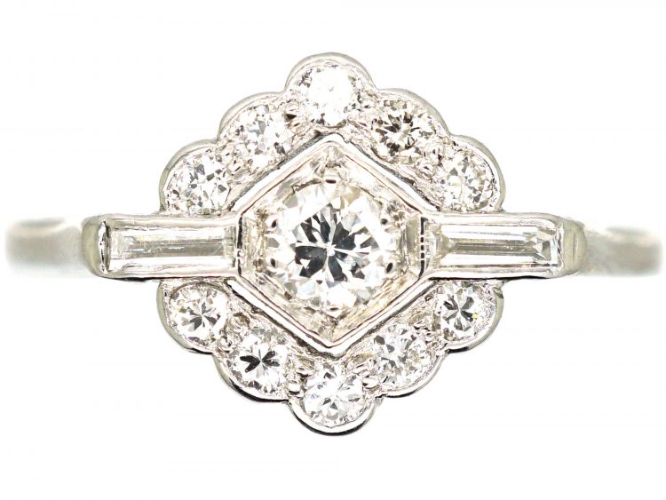 Art Deco Platinum & Diamond Cluster Ring with Baguette Diamond Detail