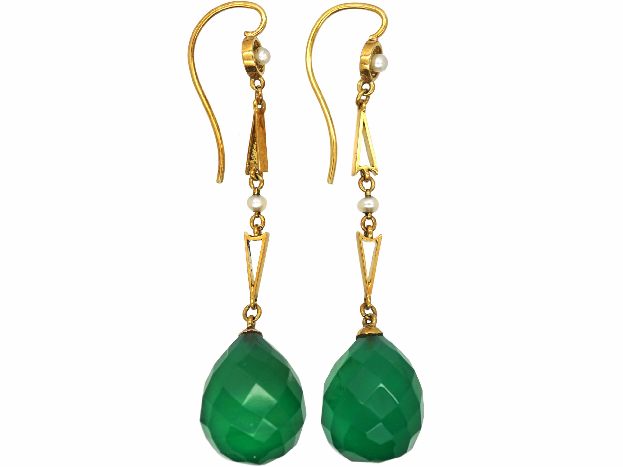 Art Deco 15ct Gold, Natural Pearl & Faceted Green Chalcedony Earrings ...