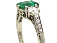 Art Deco 18ct White Gold, Emerald & Diamond Ring with Diamond set Shoulders