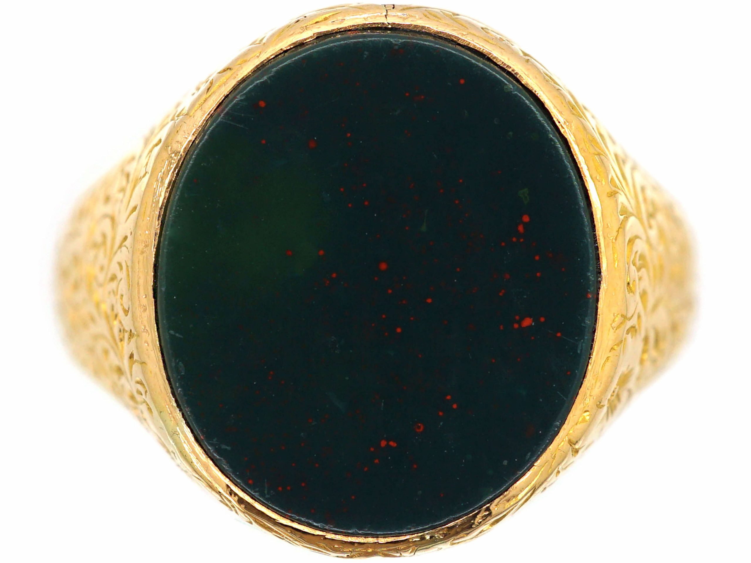 Victorian 18ct Engraved Gold Signet Ring set with a Plain Bloodstone ...