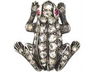 French Silver & Gold Belle Epoque Frog Brooch set with Rose Diamonds & Cabochon Ruby Eyes