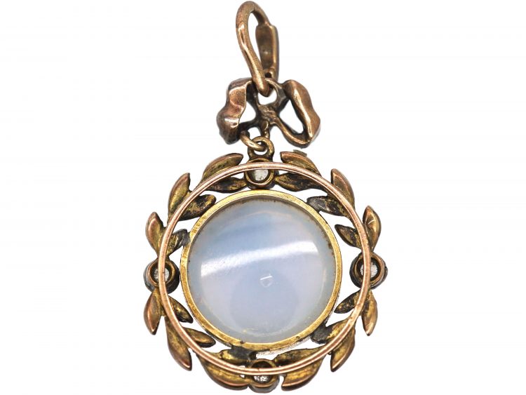 Edwardian Rose Diamond & Chalcedony Pendant with Enamelled Laurel Leaves & Bow Top