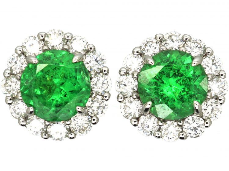 14ct White Gold, Green Garnet & Diamond Cluster Earrings
