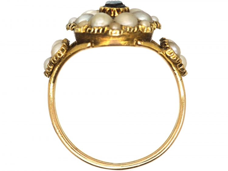 Regency 15ct Gold Natural Split Pearl & Carved Banded Onyx Forget me Not Ring