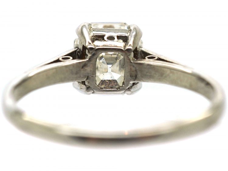 Art Deco Platinum, Asscher Cut Diamond Ring with Diamond Set Shoulders