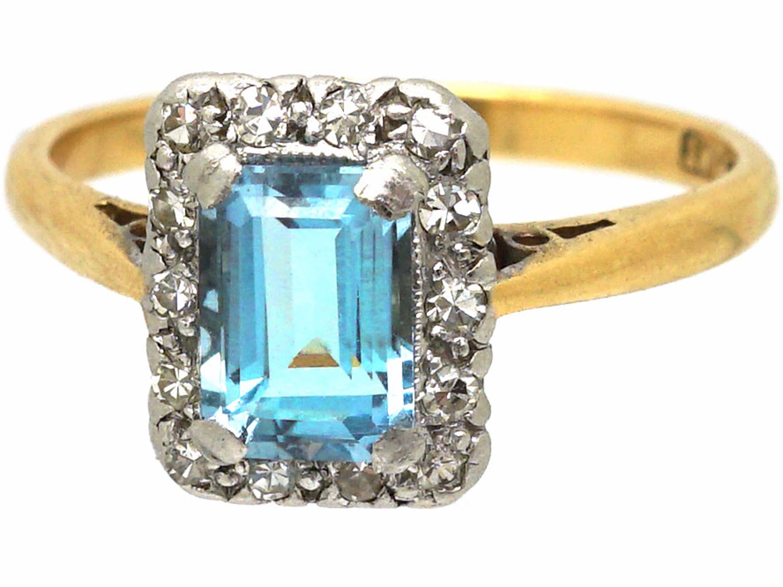 Mid-Century 18ct Gold & Platinum, Aquamarine & Diamond Rectangular Ring ...