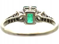 Art Deco 18ct White Gold, Emerald & Diamond Ring with Diamond set Shoulders