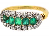 Edwardian 18ct Gold, Five Stone Emerald & Diamond Boat Shaped Ring