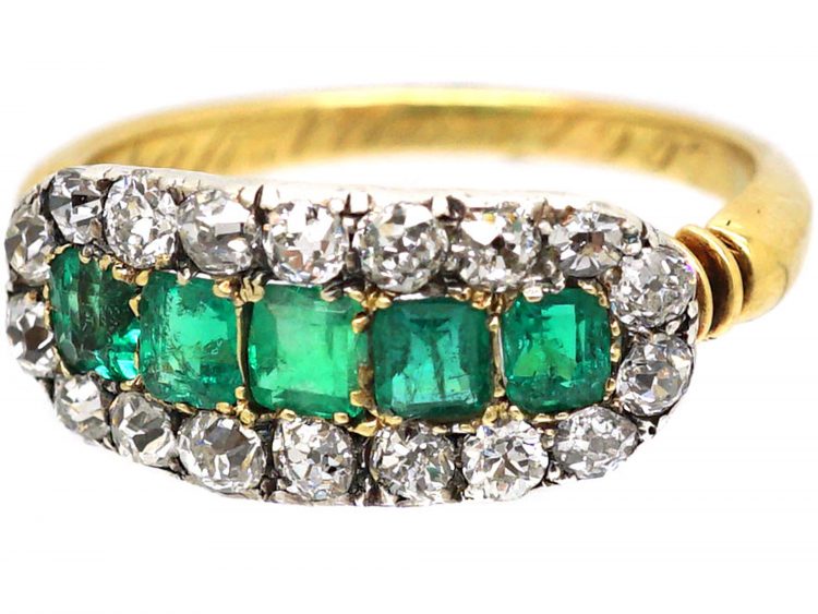 Edwardian 18ct Gold, Five Stone Emerald & Diamond Boat Shaped Ring